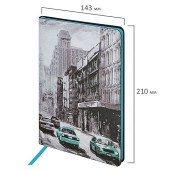 картинка Блокнот А5 (143x210 мм), BRAUBERG VISTA "Old New York", под кожу, гибкий, 80 л., 112062 в разных цветах с печатью логотипа.
